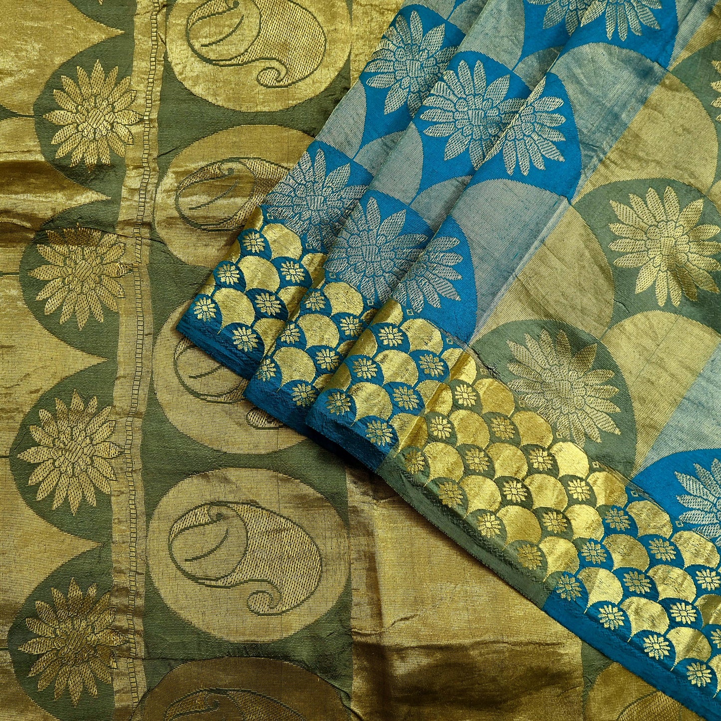 Indian Vintage Heavy Sari Green & Blue Kanjivaram Saree 100% Pure Silk Zari 6Yd Crafting Dress making For Crafting Quilting Upcycle