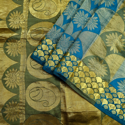 Indian Vintage Heavy Sari Green & Blue Kanjivaram Saree 100% Pure Silk Zari 6Yd Crafting Dress making For Crafting Quilting Upcycle