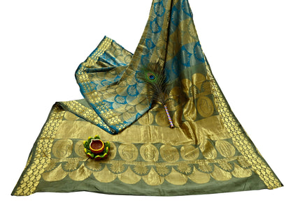 Indian Vintage Heavy Sari Green & Blue Kanjivaram Saree 100% Pure Silk Zari 6Yd Crafting Dress making For Crafting Quilting Upcycle