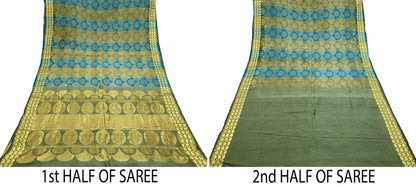 Indian Vintage Heavy Sari Green & Blue Kanjivaram Saree 100% Pure Silk Zari 6Yd Crafting Dress making For Crafting Quilting Upcycle