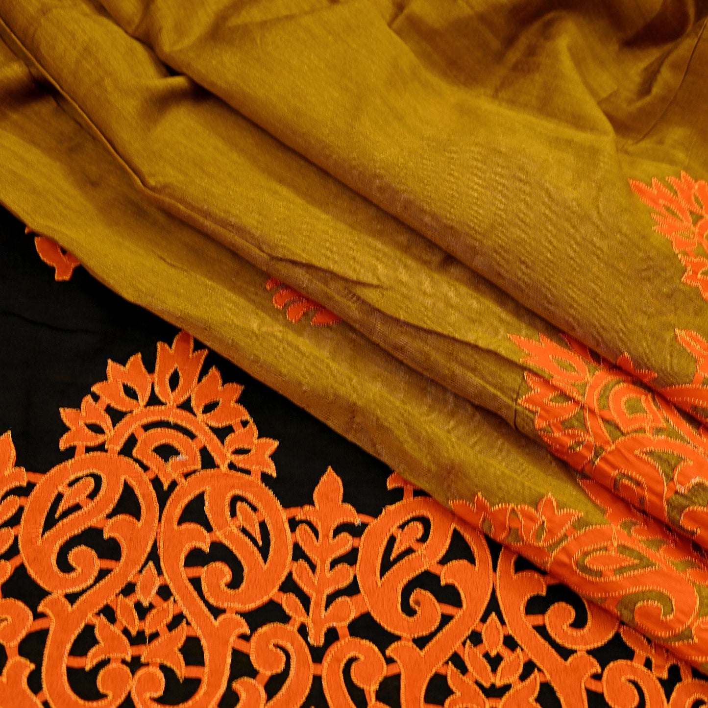 Indian Vintage Sari Black & Mustard Chanderi Embroidered Sarees 6Yd Craft Fabric Soft Sewing Sarong Dress Making Quilting Crafting