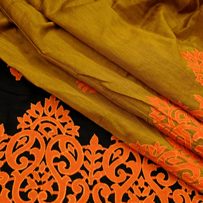 Indian Vintage Sari Black & Mustard Chanderi Embroidered Sarees 6Yd Craft Fabric Soft Sewing Sarong Dress Making Quilting Crafting