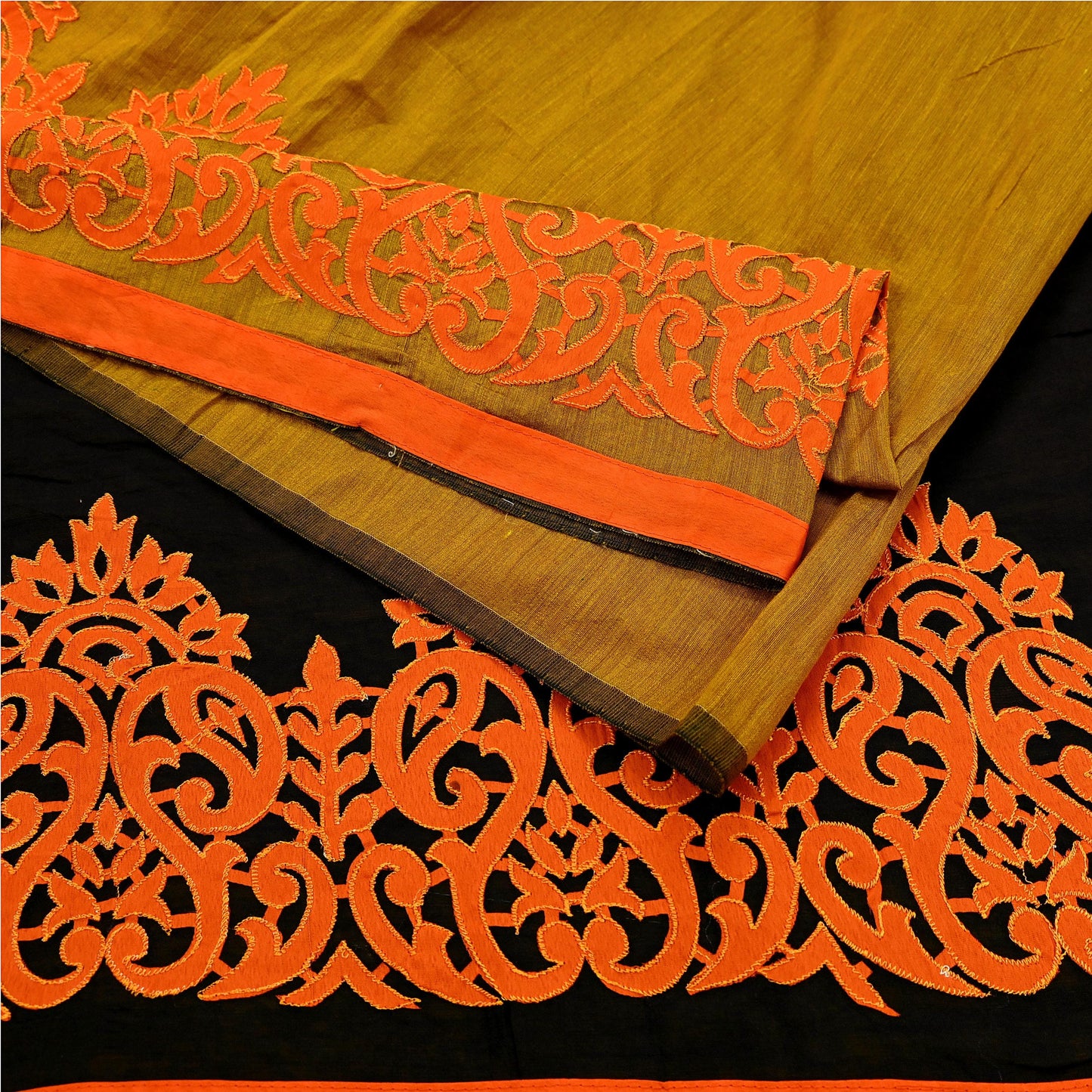 Indian Vintage Sari Black & Mustard Chanderi Embroidered Sarees 6Yd Craft Fabric Soft Sewing Sarong Dress Making Quilting Crafting