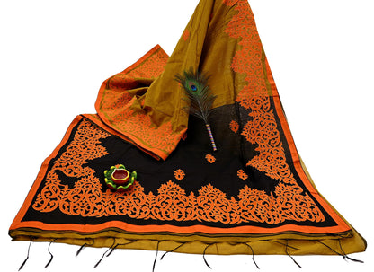 Indian Vintage Sari Black & Mustard Chanderi Embroidered Sarees 6Yd Craft Fabric Soft Sewing Sarong Dress Making Quilting Crafting