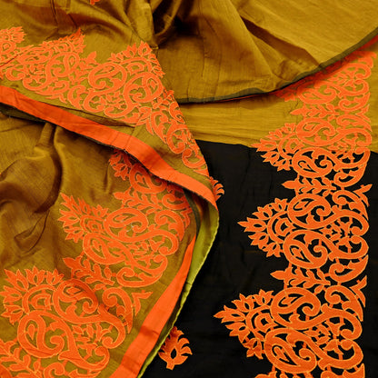 Indian Vintage Sari Black & Mustard Chanderi Embroidered Sarees 6Yd Craft Fabric Soft Sewing Sarong Dress Making Quilting Crafting