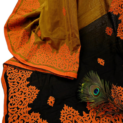 Indian Vintage Sari Black & Mustard Chanderi Embroidered Sarees 6Yd Craft Fabric Soft Sewing Sarong Dress Making Quilting Crafting