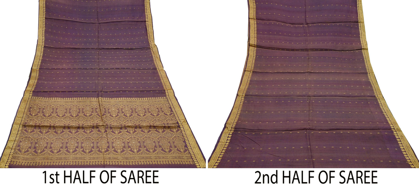Indian Vintage Heavy Purple Hand Woven Saree 100% Pure Silk Sari 5Yard Floral Dress making Crafting Quilting Upcycle