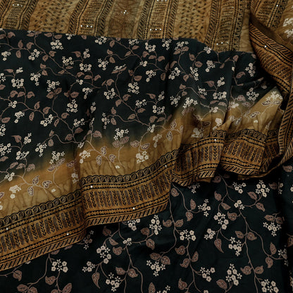 Indian Vintage Sari Black Pure Crepe Silk Printed Saree 5yd Sewing Floral Soft Craft Fabric Wrap Dress making Crafting Quilting Upcycle