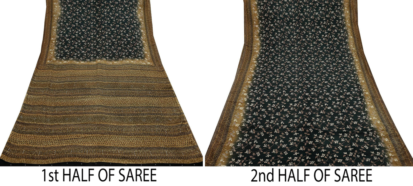Indian Vintage Sari Black Pure Crepe Silk Printed Saree 5yd Sewing Floral Soft Craft Fabric Wrap Dress making Crafting Quilting Upcycle