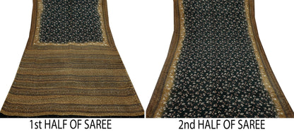 Indian Vintage Sari Black Pure Crepe Silk Printed Saree 5yd Sewing Floral Soft Craft Fabric Wrap Dress making Crafting Quilting Upcycle