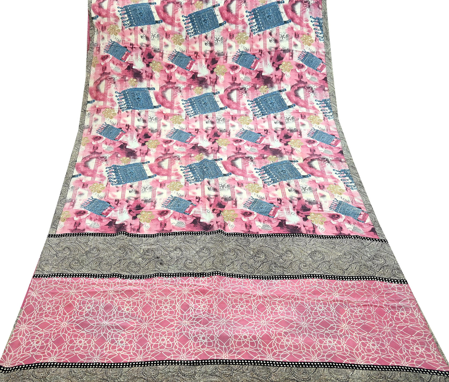 Indian Vintage Pink & Ivory Saree Pure Crepe Silk Printed Sari Craft Fabric 5yd Sewing Soft Wrap Crafting Quilting Dress making Upcycle
