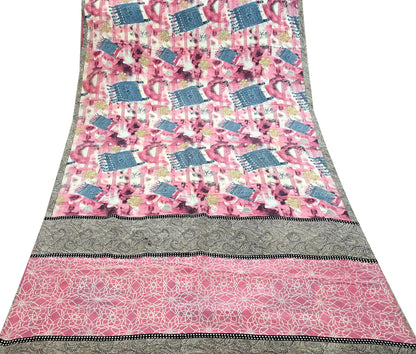 Indian Vintage Pink & Ivory Saree Pure Crepe Silk Printed Sari Craft Fabric 5yd Sewing Soft Wrap Crafting Quilting Dress making Upcycle