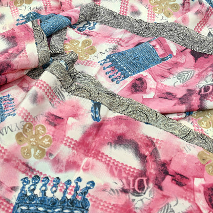 Indian Vintage Pink & Ivory Saree Pure Crepe Silk Printed Sari Craft Fabric 5yd Sewing Soft Wrap Crafting Quilting Dress making Upcycle
