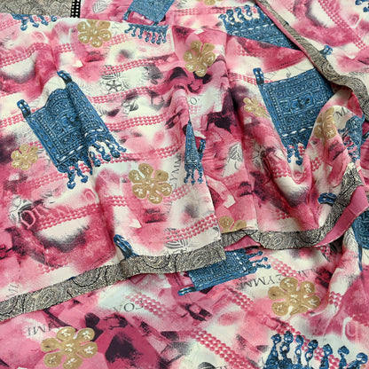 Indian Vintage Pink & Ivory Saree Pure Crepe Silk Printed Sari Craft Fabric 5yd Sewing Soft Wrap Crafting Quilting Dress making Upcycle