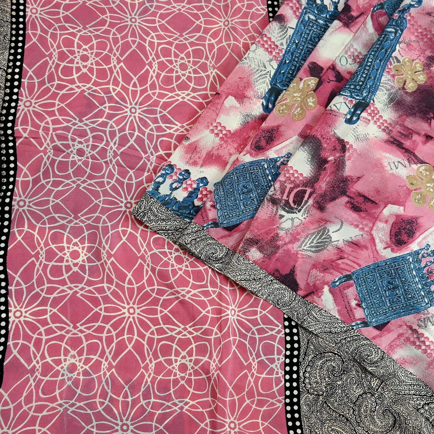 Indian Vintage Pink & Ivory Saree Pure Crepe Silk Printed Sari Craft Fabric 5yd Sewing Soft Wrap Crafting Quilting Dress making Upcycle