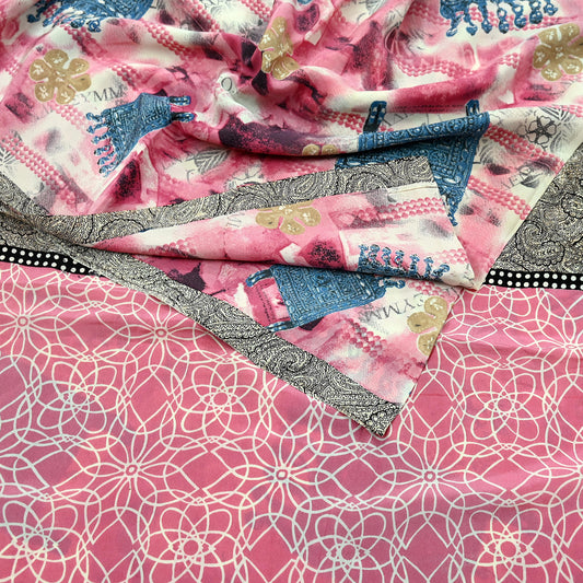 Indian Vintage Pink & Ivory Saree Pure Crepe Silk Printed Sari Craft Fabric 5yd Sewing Soft Wrap Crafting Quilting Dress making Upcycle