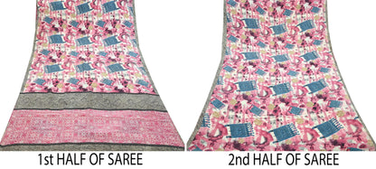 Indian Vintage Pink & Ivory Saree Pure Crepe Silk Printed Sari Craft Fabric 5yd Sewing Soft Wrap Crafting Quilting Dress making Upcycle