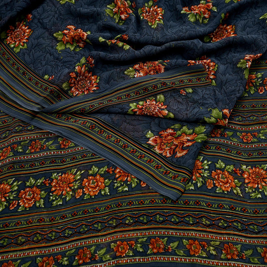 Women Vintage Sari Gray Pure Georgette Silk Printed Saree Craft Fabric Sewing 5Yard Soft Light Dress Making Floral