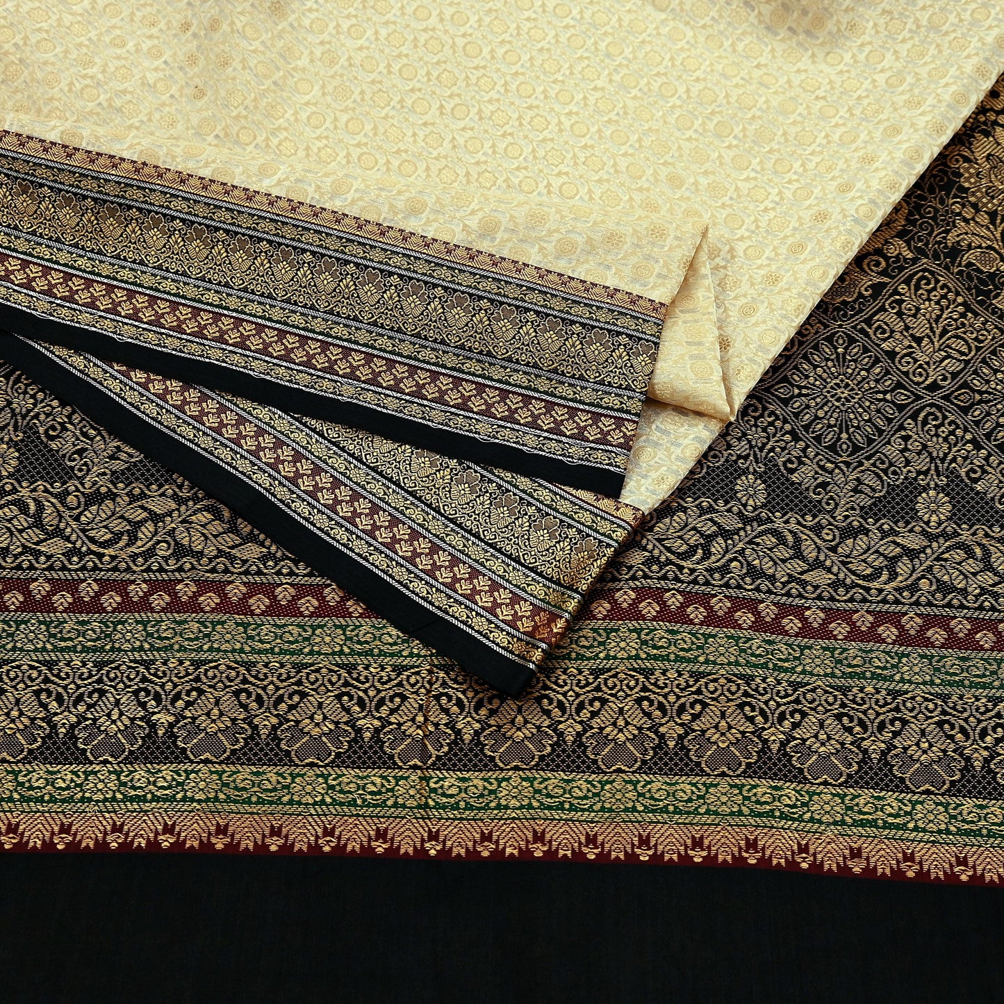 Indian Vintage Beige & Black Saree Artificial Silk Hand woven Sari Craft Fabric 5Yd Sewing Stripes Dress making Crafting Quilting Fringes