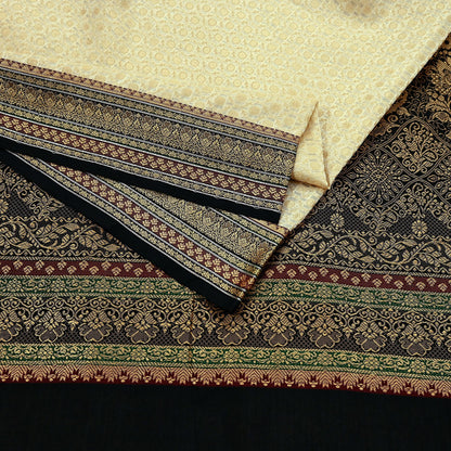 Indian Vintage Beige & Black Saree Artificial Silk Hand woven Sari Craft Fabric 5Yd Sewing Stripes Dress making Crafting Quilting Fringes