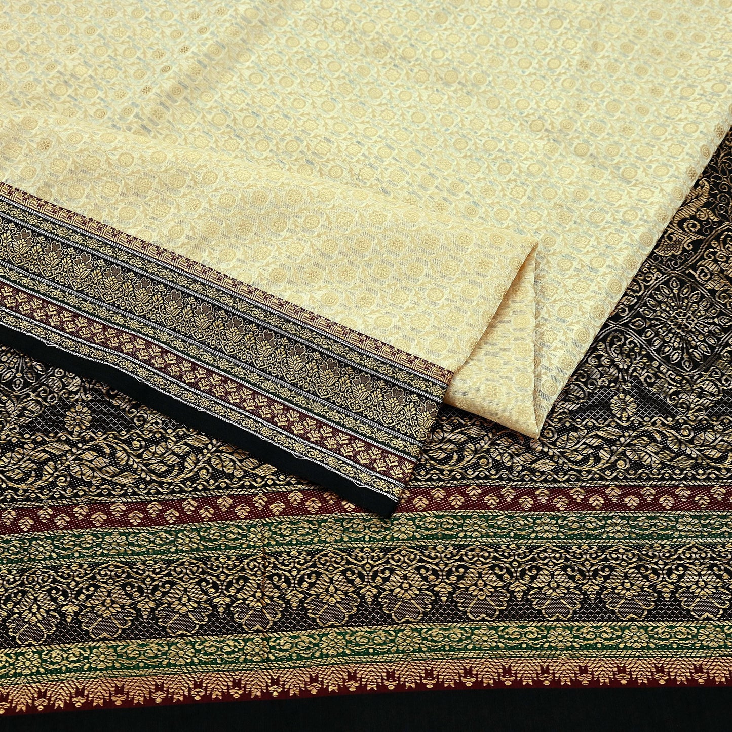 Indian Vintage Beige & Black Saree Artificial Silk Hand woven Sari Craft Fabric 5Yd Sewing Stripes Dress making Crafting Quilting Fringes