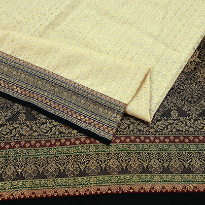 Indian Vintage Beige & Black Saree Artificial Silk Hand woven Sari Craft Fabric 5Yd Sewing Stripes Dress making Crafting Quilting Fringes