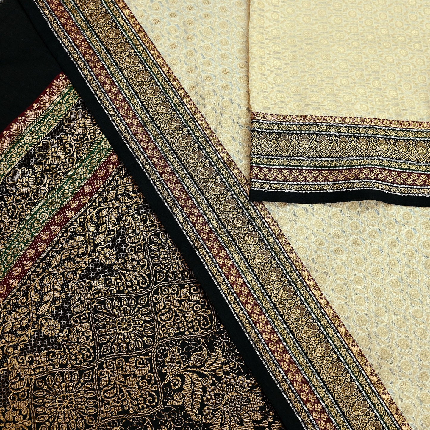 Indian Vintage Beige & Black Saree Artificial Silk Hand woven Sari Craft Fabric 5Yd Sewing Stripes Dress making Crafting Quilting Fringes