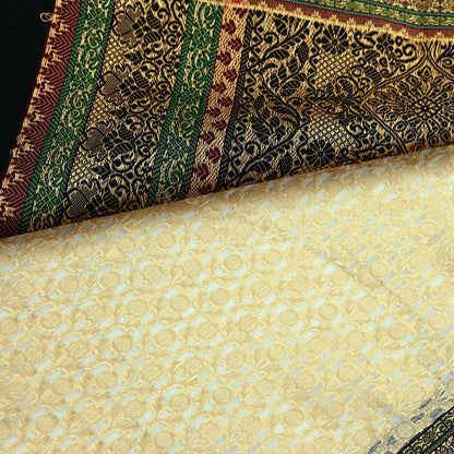 Indian Vintage Beige & Black Saree Artificial Silk Hand woven Sari Craft Fabric 5Yd Sewing Stripes Dress making Crafting Quilting Fringes