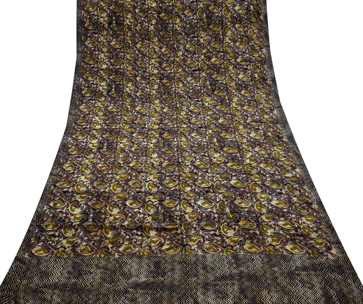 Indian Vintage Sari Black & Green Pure Crepe Silk Hand Embroidered Saree 6yd Sewing Abatract Craft Sequins Dress making Crafting Quilting