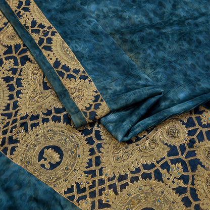 Indian Vintage Green & Blue Sarees Satin Hand Embroidered Sari Craft Fabric 5-Yards Sewing Soft Zardozi/Zari Floral Dress making Crafting