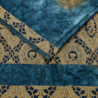 Indian Vintage Green & Blue Sarees Satin Hand Embroidered Sari Craft Fabric 5-Yards Sewing Soft Zardozi/Zari Floral Dress making Crafting