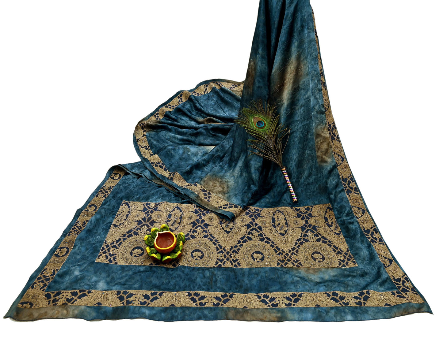 Indian Vintage Green & Blue Sarees Satin Hand Embroidered Sari Craft Fabric 5-Yards Sewing Soft Zardozi/Zari Floral Dress making Crafting