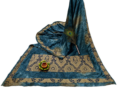 Indian Vintage Green & Blue Sarees Satin Hand Embroidered Sari Craft Fabric 5-Yards Sewing Soft Zardozi/Zari Floral Dress making Crafting