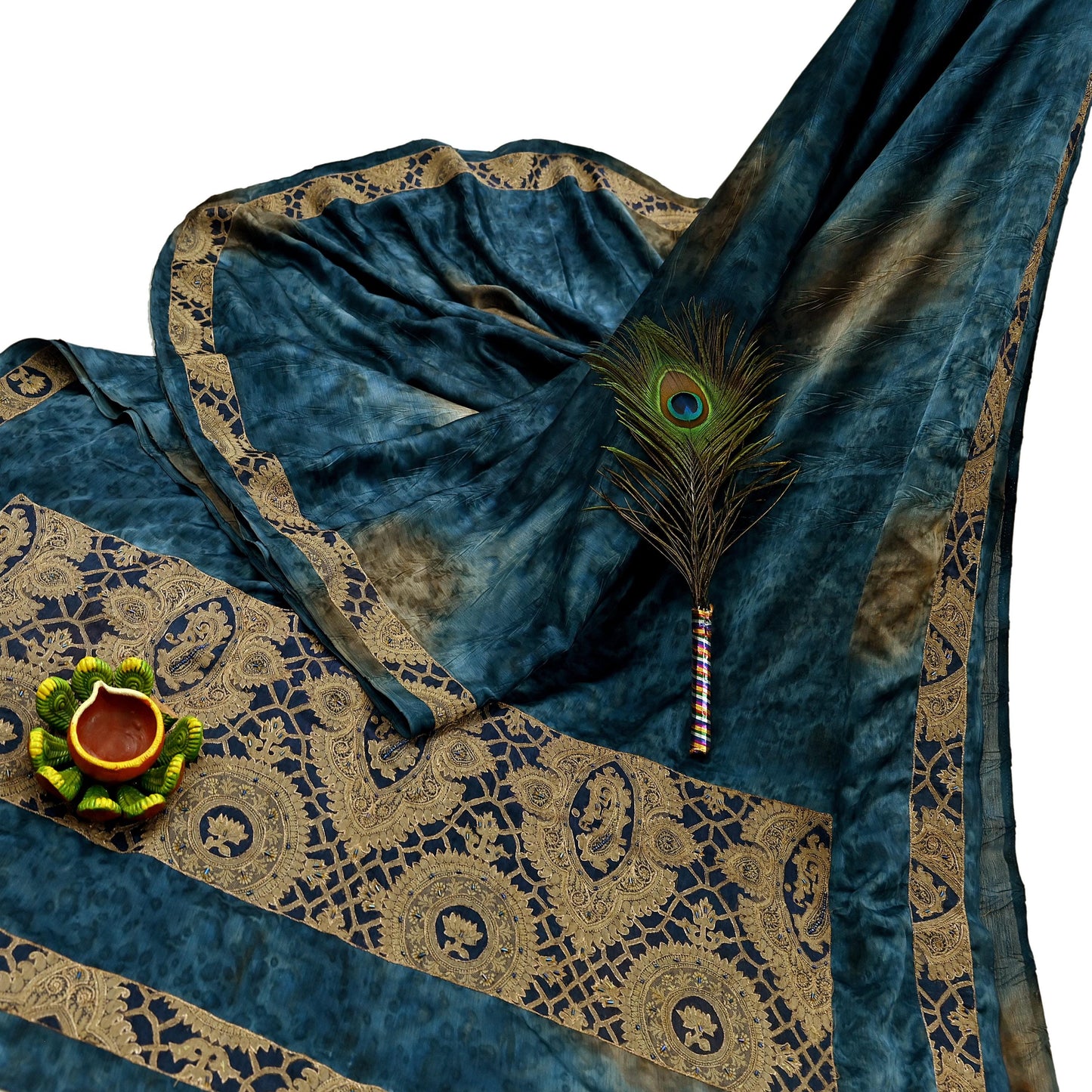 Indian Vintage Green & Blue Sarees Satin Hand Embroidered Sari Craft Fabric 5-Yards Sewing Soft Zardozi/Zari Floral Dress making Crafting