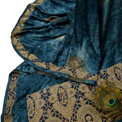 Indian Vintage Green & Blue Sarees Satin Hand Embroidered Sari Craft Fabric 5-Yards Sewing Soft Zardozi/Zari Floral Dress making Crafting
