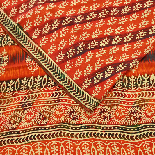 Indian Vintage Sari Orange Pure Crepe Silk Block Printed Sarees 5yd Sewing Floral Craft Fabric Wrap Dress Making Crafting Quilting Upcycle