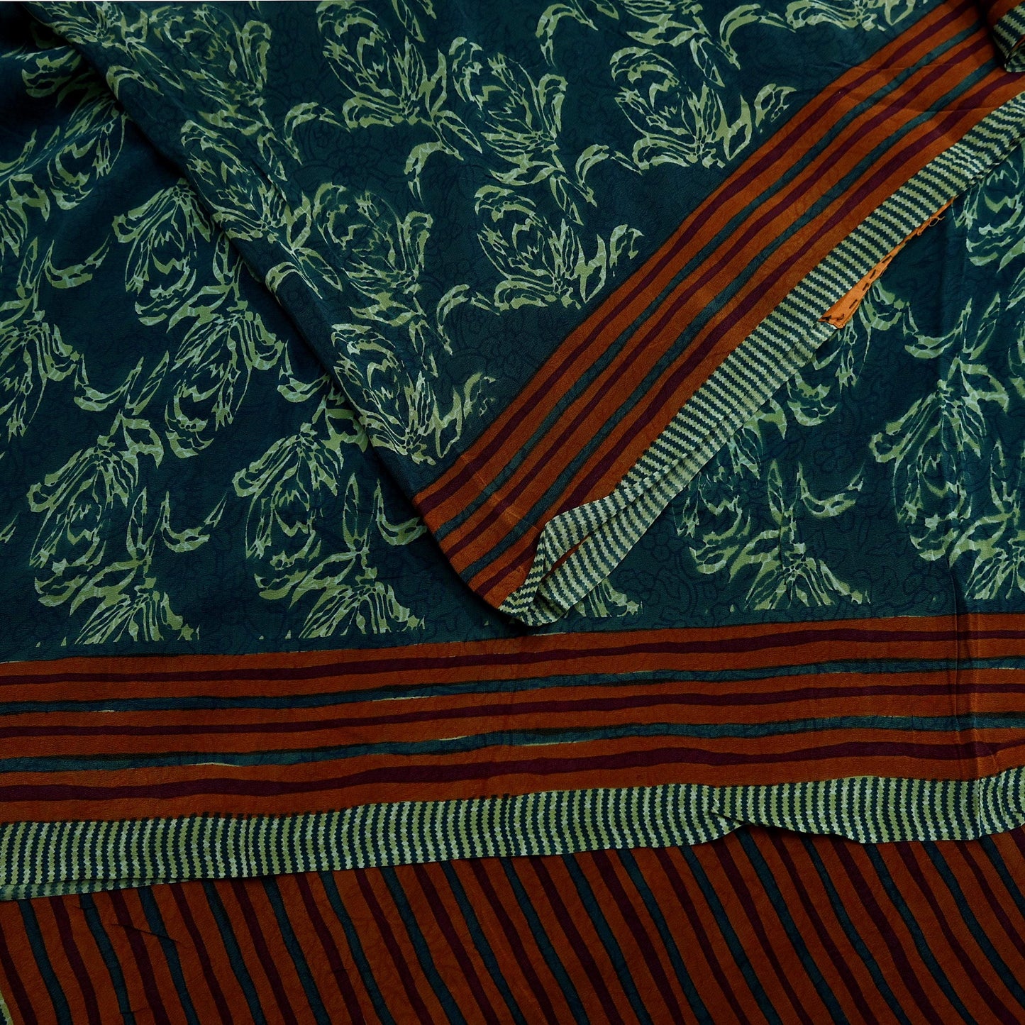 Indian Vintage Sari Green & Brown Pure Crepe Silk Printed Sarees 5yd Sewing Floral Soft Craft Fabric Wrap Dress making Crafting Quilting