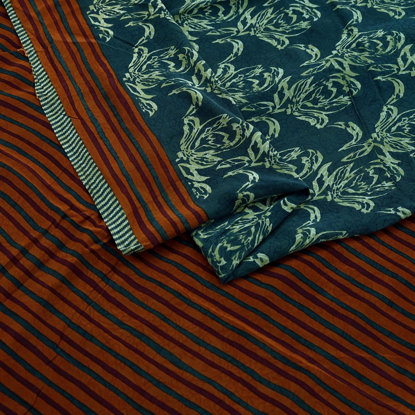 Indian Vintage Sari Green & Brown Pure Crepe Silk Printed Sarees 5yd Sewing Floral Soft Craft Fabric Wrap Dress making Crafting Quilting