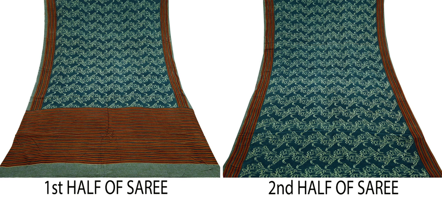 Indian Vintage Sari Green & Brown Pure Crepe Silk Printed Sarees 5yd Sewing Floral Soft Craft Fabric Wrap Dress making Crafting Quilting