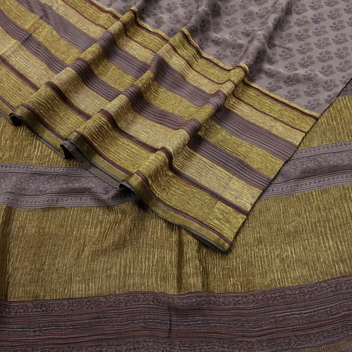 Women Vintage Sari Brown Pure Georgette Silk Printed Saree Craft Fabric Sewing 6Yard Soft Light Dress Making Floral Zari