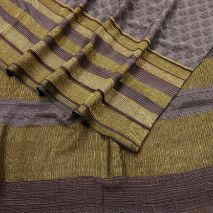 Women Vintage Sari Brown Pure Georgette Silk Printed Saree Craft Fabric Sewing 6Yard Soft Light Dress Making Floral Zari