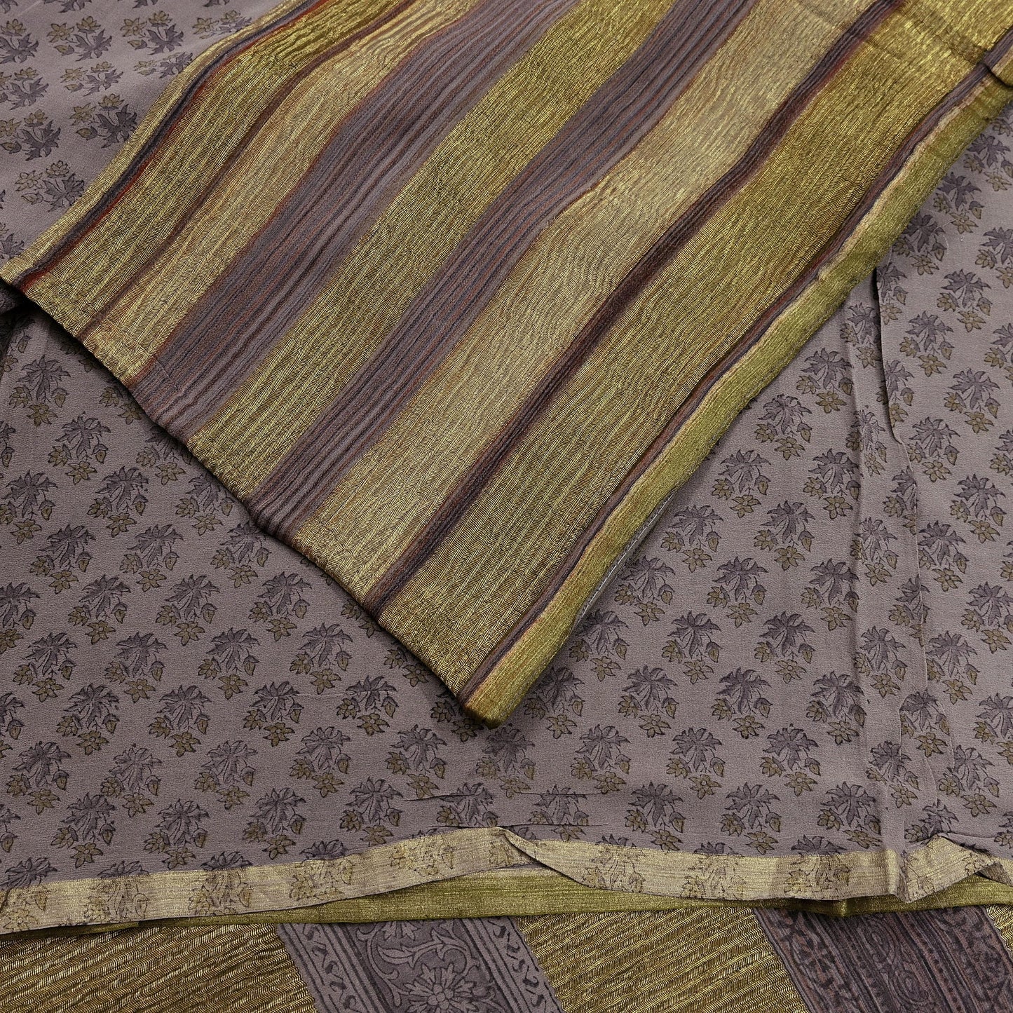 Women Vintage Sari Brown Pure Georgette Silk Printed Saree Craft Fabric Sewing 6Yard Soft Light Dress Making Floral Zari