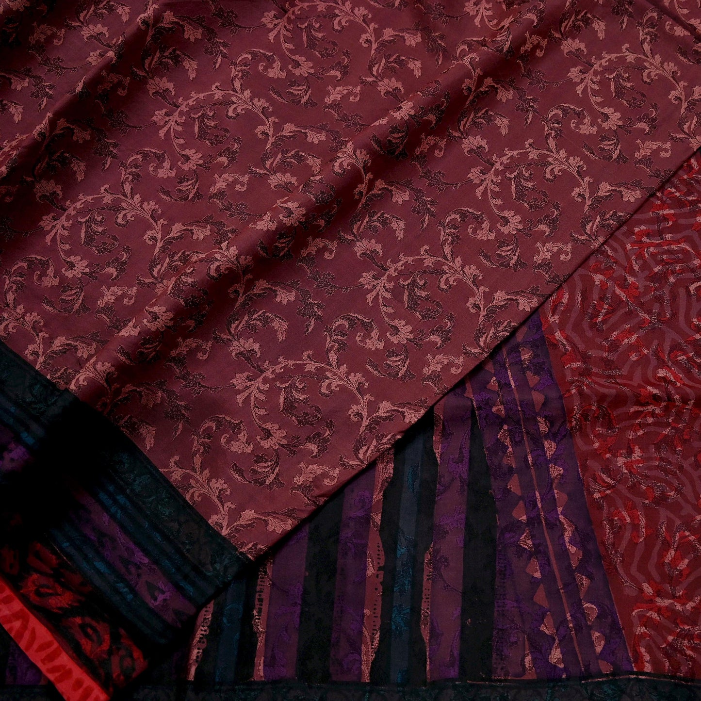 Indian Vintage Sari Maroon & Brown Pure Silk Woven Printed Sarees 6yd Sewing Craft Fabric Dress Making Soft For Crafting Quilting Upcycle