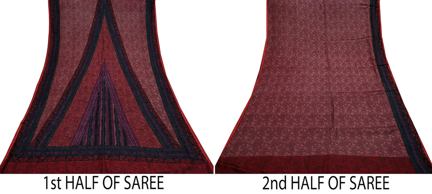 Indian Vintage Sari Maroon & Brown Pure Silk Woven Printed Sarees 6yd Sewing Craft Fabric Dress Making Soft For Crafting Quilting Upcycle