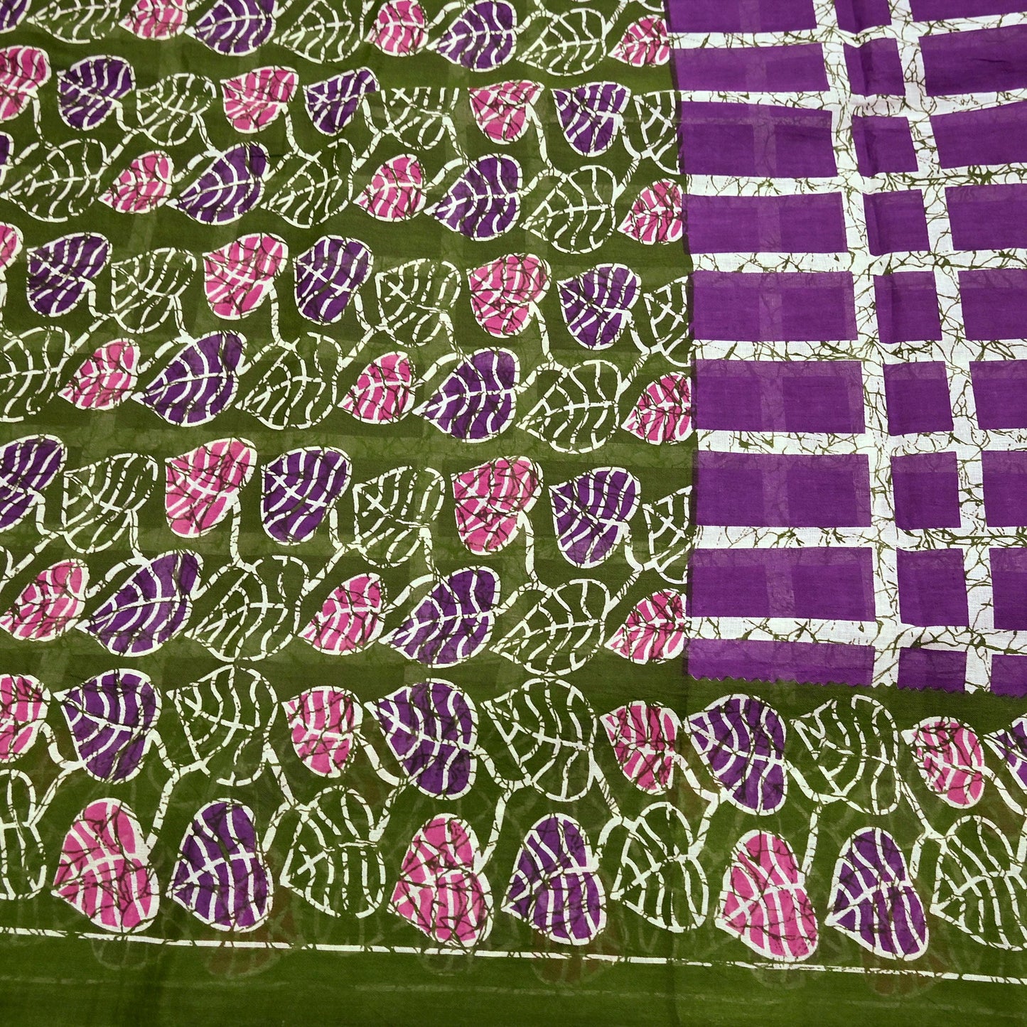 Indian Vintage Sari Purple & Green Batik Printed Saree 100% Pure Cotton 5Yd Craft Fabric Soft Sewing Sarong Wrap Boho Quilting Dress Making