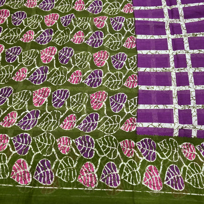 Indian Vintage Sari Purple & Green Batik Printed Saree 100% Pure Cotton 5Yd Craft Fabric Soft Sewing Sarong Wrap Boho Quilting Dress Making