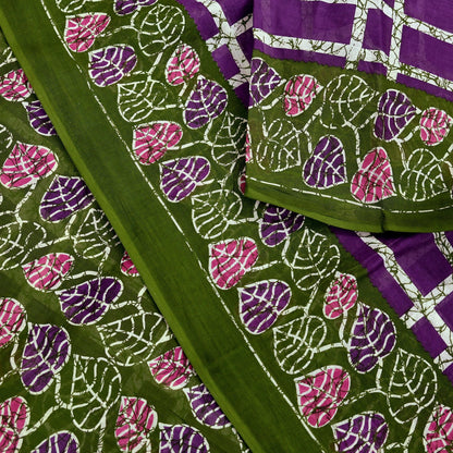 Indian Vintage Sari Purple & Green Batik Printed Saree 100% Pure Cotton 5Yd Craft Fabric Soft Sewing Sarong Wrap Boho Quilting Dress Making