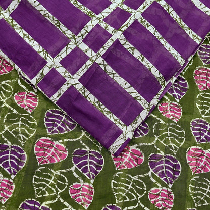 Indian Vintage Sari Purple & Green Batik Printed Saree 100% Pure Cotton 5Yd Craft Fabric Soft Sewing Sarong Wrap Boho Quilting Dress Making