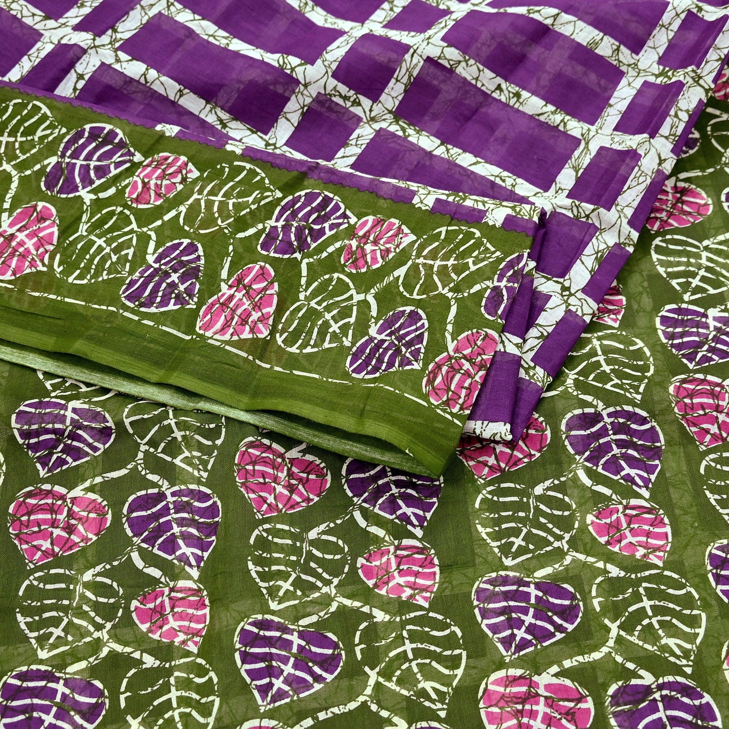 Indian Vintage Sari Purple & Green Batik Printed Saree 100% Pure Cotton 5Yd Craft Fabric Soft Sewing Sarong Wrap Boho Quilting Dress Making
