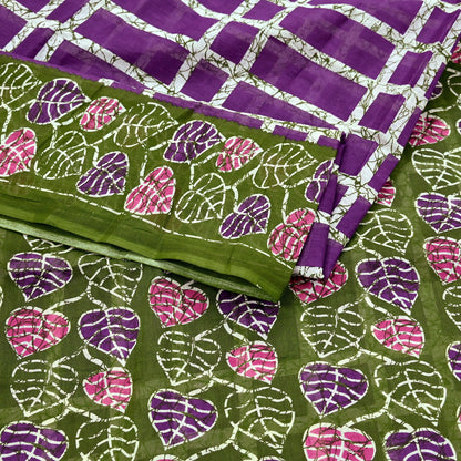 Indian Vintage Sari Purple & Green Batik Printed Saree 100% Pure Cotton 5Yd Craft Fabric Soft Sewing Sarong Wrap Boho Quilting Dress Making